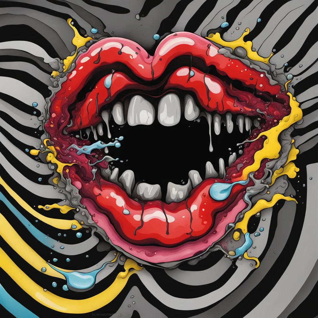 Surreal digital illustration of only a floating mouth that is puking out a psychedelic lovesick hearts covered in spit, spilling from the large pair of cartoonist , overexaggerated lips, manga inspired, absurdist, postmodern, only black and grey color palette, crude, fluid acrylic paint, epoxy resin , acrylic pour, unusual colors, trippy, gross, abstract, pulp fiction art style illustration, behance, grotesque, lovesick, hearts scattered covered in puke high quality inverted colors