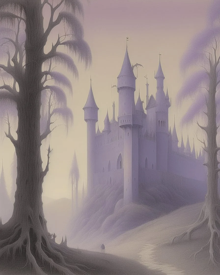 A pale light purple castle with ghosts painted by Caspar David Friedrich