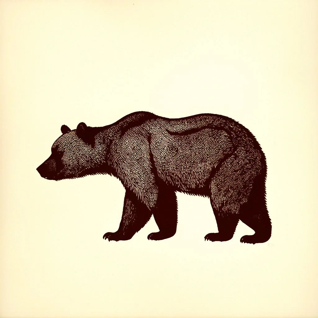 silhouette of a brown bear, letterpress style , minimalistic high contrast, block print with indigo ink on creamy paper texture, strong contrast