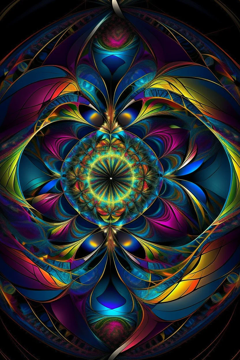 A mesmerizing digital artwork in the fractal style, featuring a kaleidoscope of vibrant colors and intricate geometric patterns, reminiscent of a cosmic journey through a vast and infinite universe. The composition showcases a symphony of interconnected shapes and forms, branching and repeating endlessly, creating a sense of boundless energy and mathematical harmony. The colors range from deep, rich hues to ethereal pastels, blending and swirling together in a mesmerizing dance of light and pigm