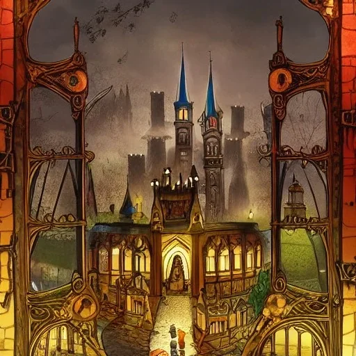 A magical gothic canal city of wizards, witches and warlocks with a castle and huge caravan houses Nick Harris style