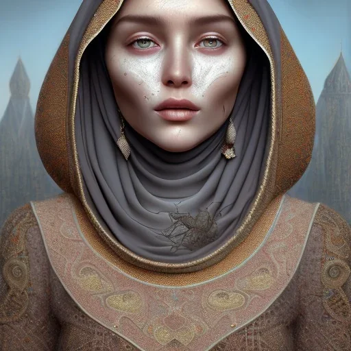 close up portrait of Sofia Buttela as woman in hijab, fine detail, highly intricate, modern surrealism painting, with scars on face , defined cracks and breaks, high-quality, volumetric lighting, 8k, ultrahd, George Grie, Marco Escobedo, Igor Morski,Brian Froud, Howard Lyon, Selina French,