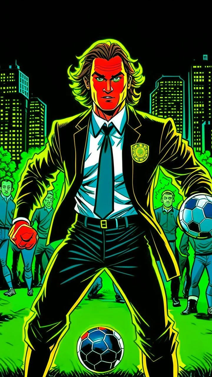 Diego Forlan Football soccer player fighting black suite. Dark detective comic. comicBook cover batman style detective mistery 1990.