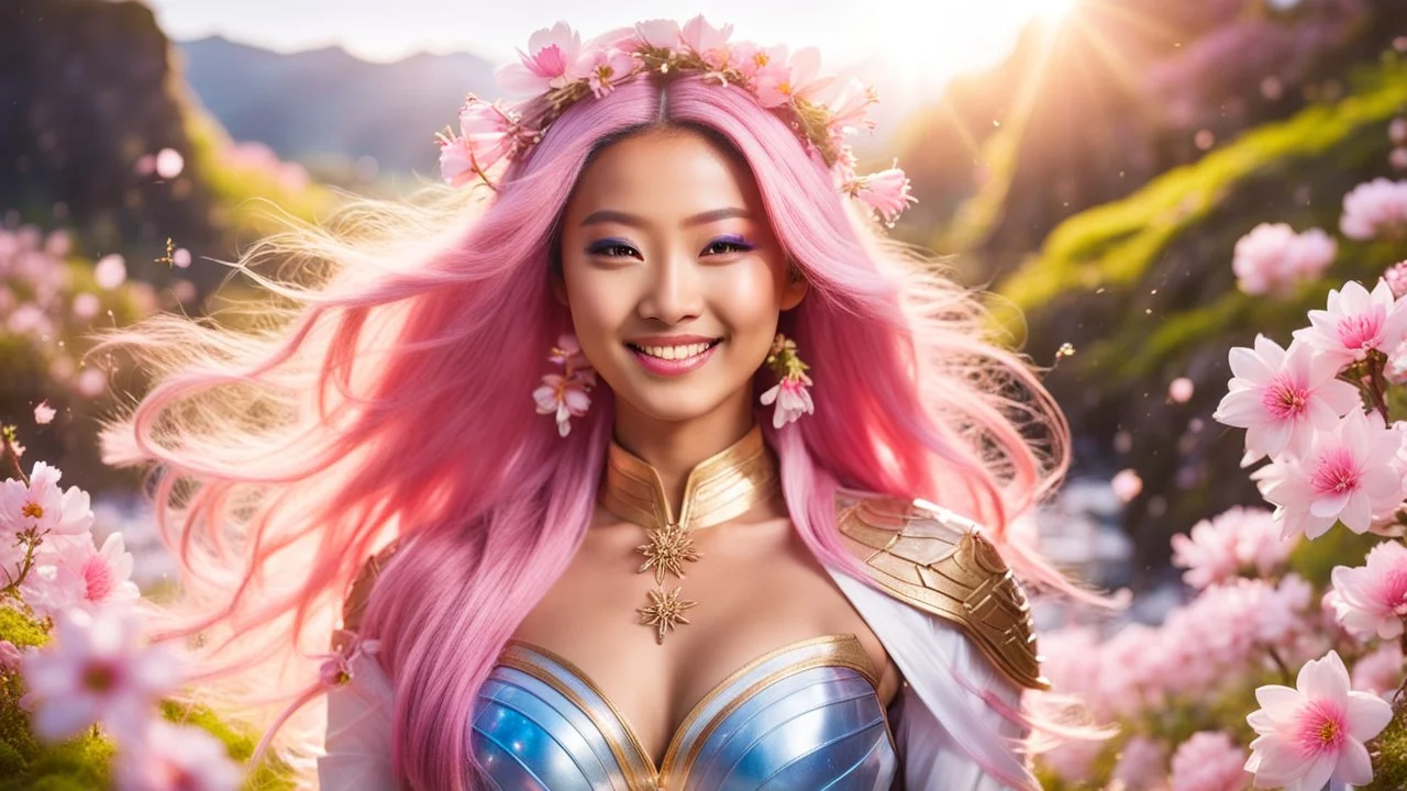 Portrait of a gorgeous smiling asian goddess with a golden dark skin, long smooth clear pink hair, blue eyes, in a sci-fi outfit with luminous strikes in a hill of flowers with sakura trees, a small torrent, loads of mini flowers, moss, sun rays through the branches, particles in the air at spring