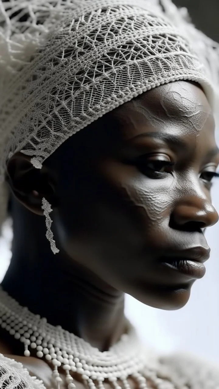 A shot of a queen of the African tribes all in white head out of a white spider web, intricate details, soft natural light, screen captured from 4K Blu-ray. All white background