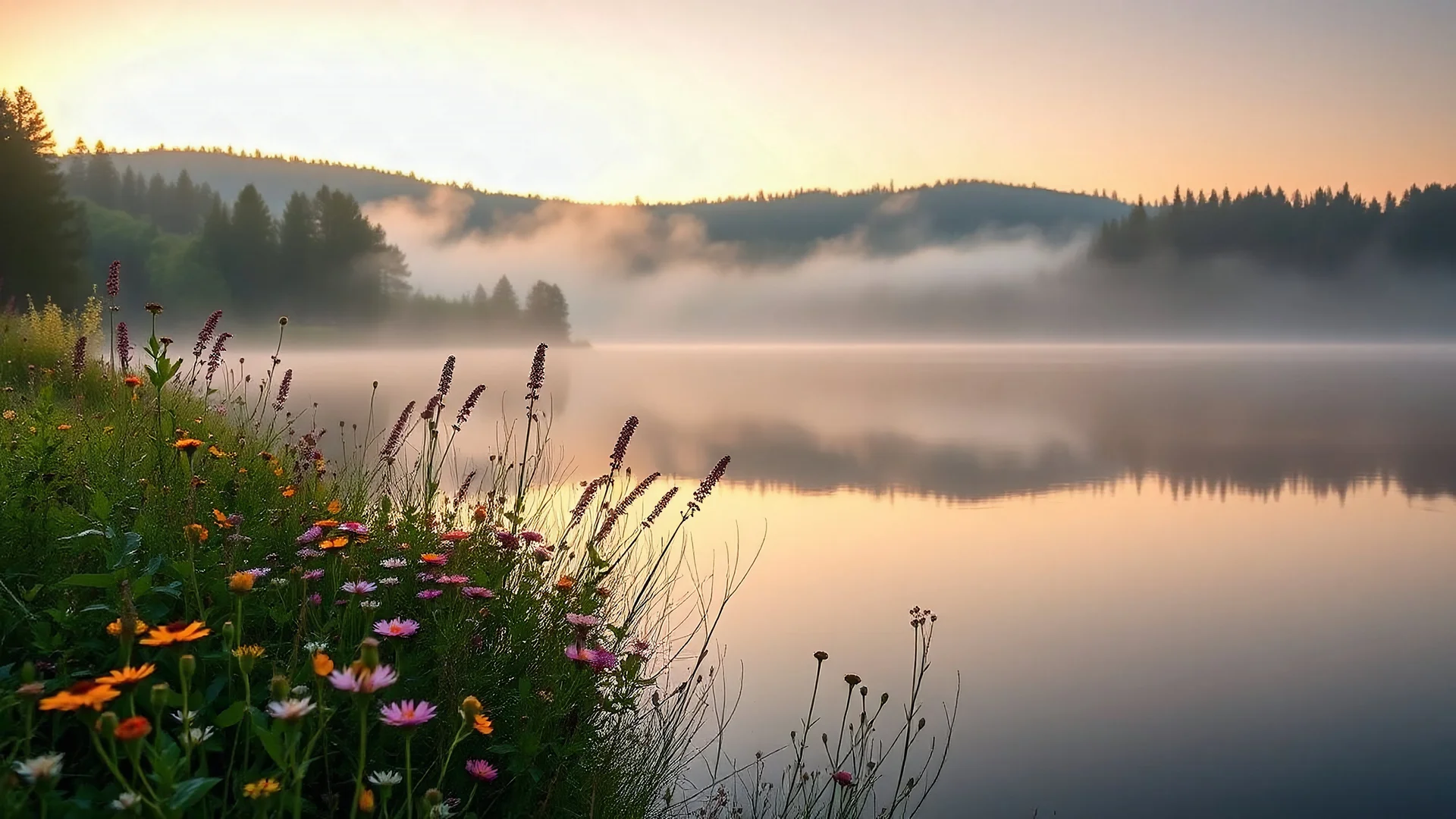 A serene lakeside at dawn with mist rising from the water, surrounded by blooming wildflowers and softly glowing fireflies. Photographic quality and detail, award-winning image, beautiful composition.