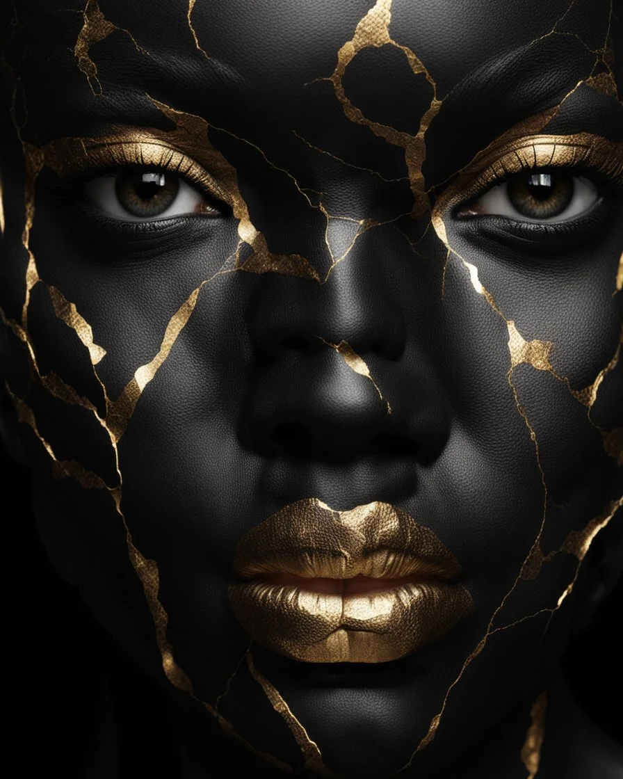 a beautiful black woman face made of kintsugi seam, photo realistic, 16K