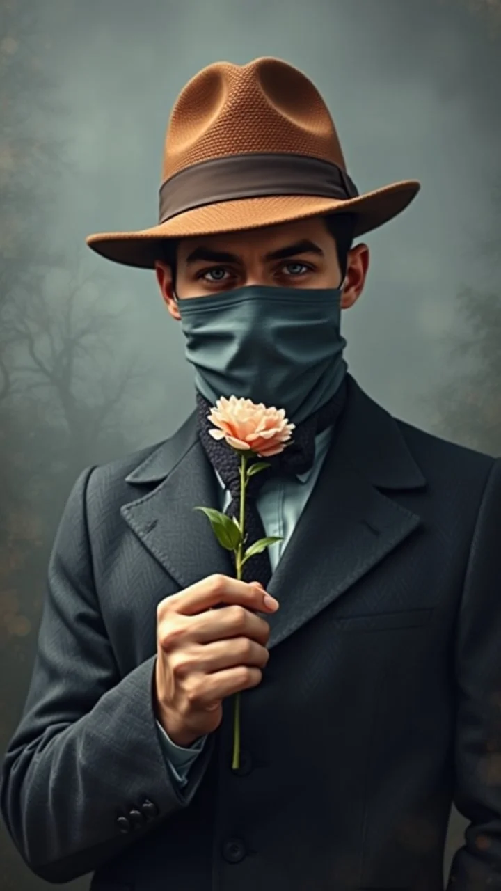 Van Gogh styles , a handsome gentleman covering his face with a mask and wearing nice hat ,front view holding a flower and give it to you looking at you In foggy smoky background