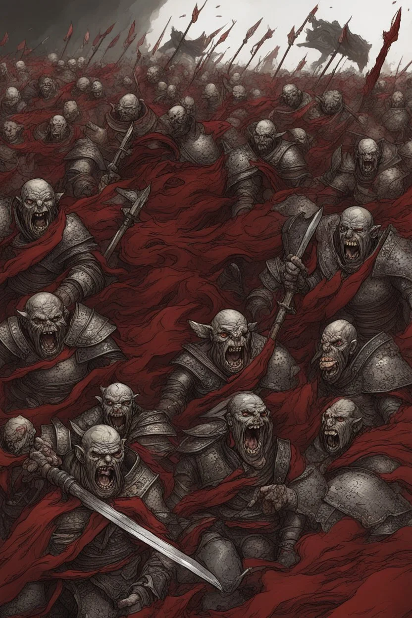 a red battle field with dead orcs