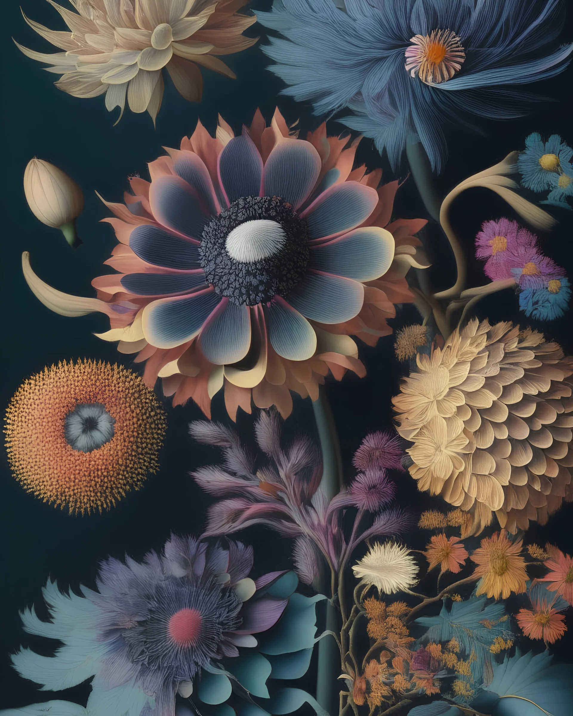 an ultra hd detailed painting of many different types of flowers by Cristoforo Munari, generative art, intricate patterns, colorful, photorealistic