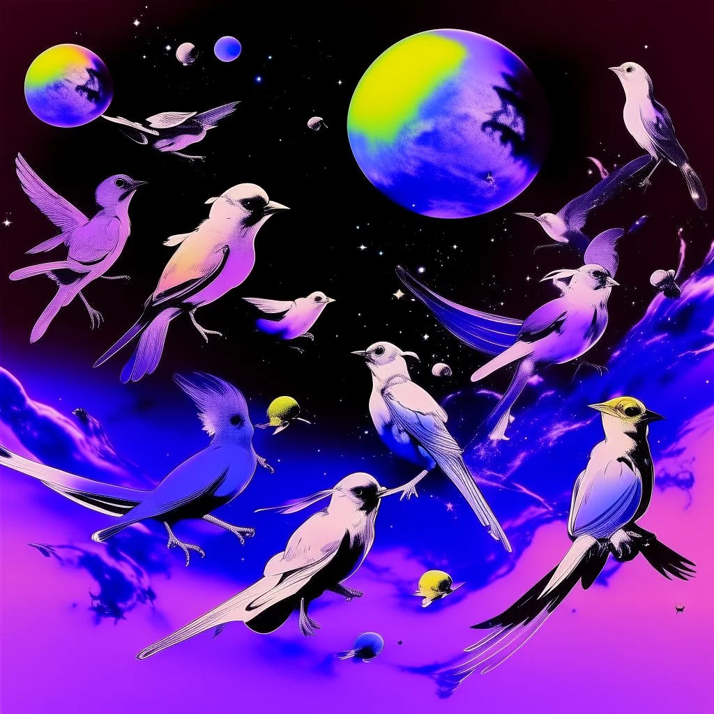 A violet outer space with alien birds painted by Andy Warhol
