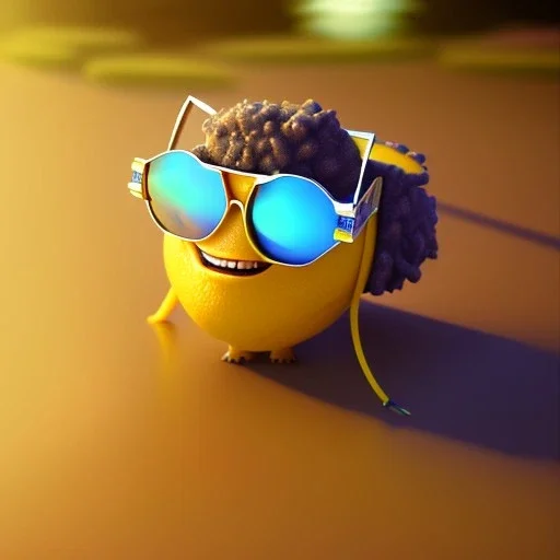 lemon wearing sunglasses, relaxing on the beach, pixar movie still, 3d, realistic render, hyperdetailed