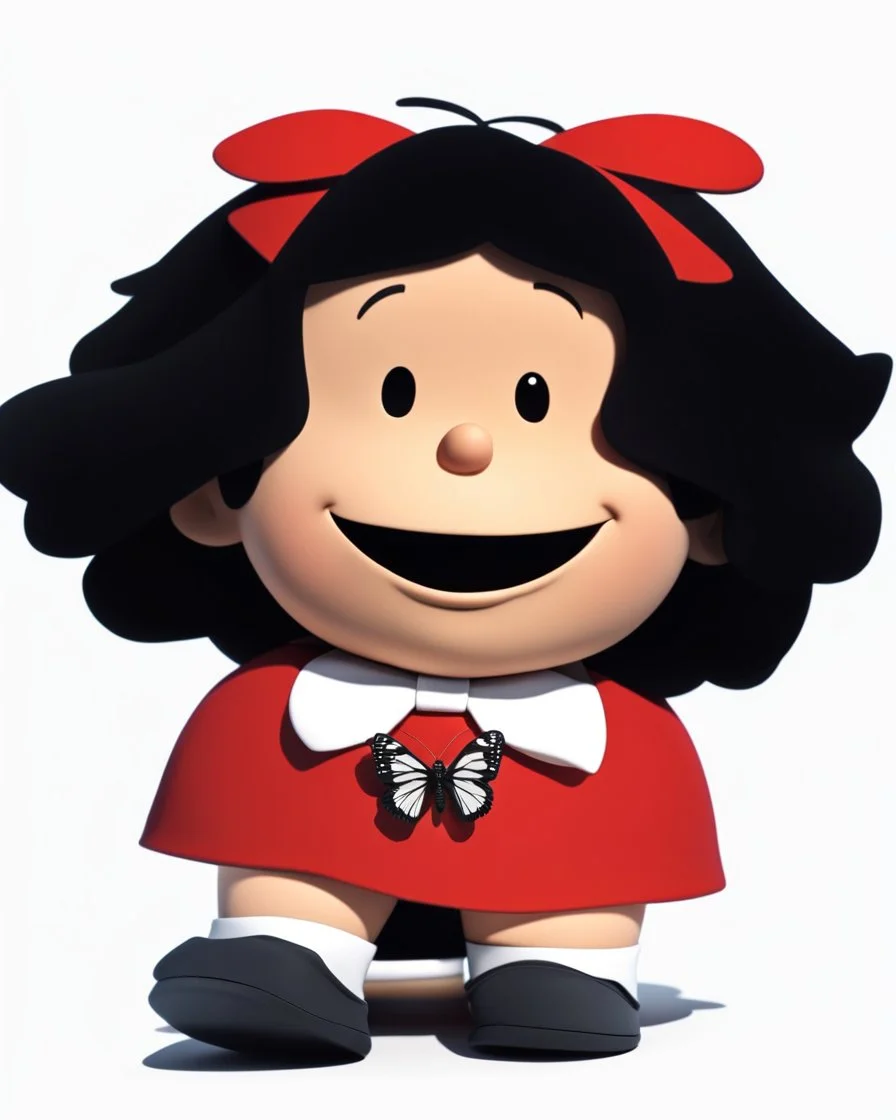 3D. Hyperrealistic photograph of Mafalda in real life, with a bowtie or butterfly type bow on her head. Straight hair. (((Whole body)))