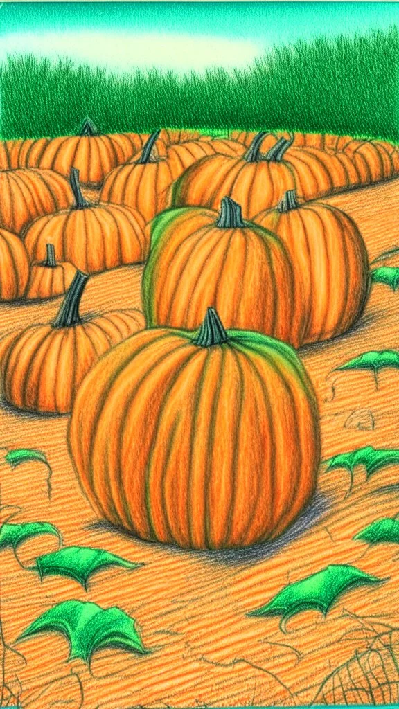 pencil drawing with colored pencils of a pumpkin patch, green