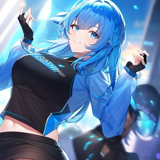 Clear focus,High resolution, Vibrant short blue hair, Vibrant blue eyes, Wearing a black short skirt,black crop top sleevelss,blue cut sleeves,black fingerless gloves, Smiling,Long bangs