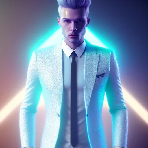 Handsome mâle, cosmic, glitter and light blue and white suit with stripes, blond hair, piercing eyes, lights, cinematic, octane render, unreal engine 5, 4k, fous detais