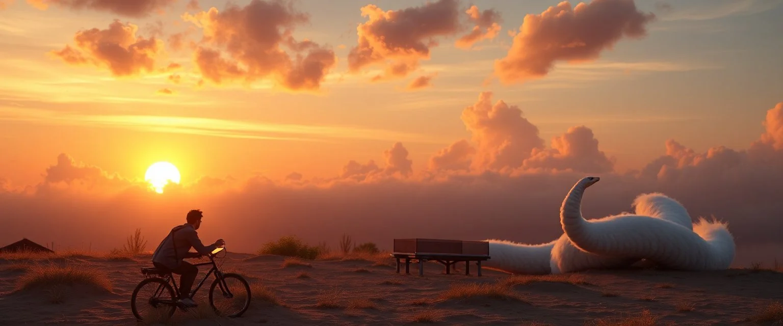 ghost busters and a ping pong long fluffy slinky cloud twisting snake sun set