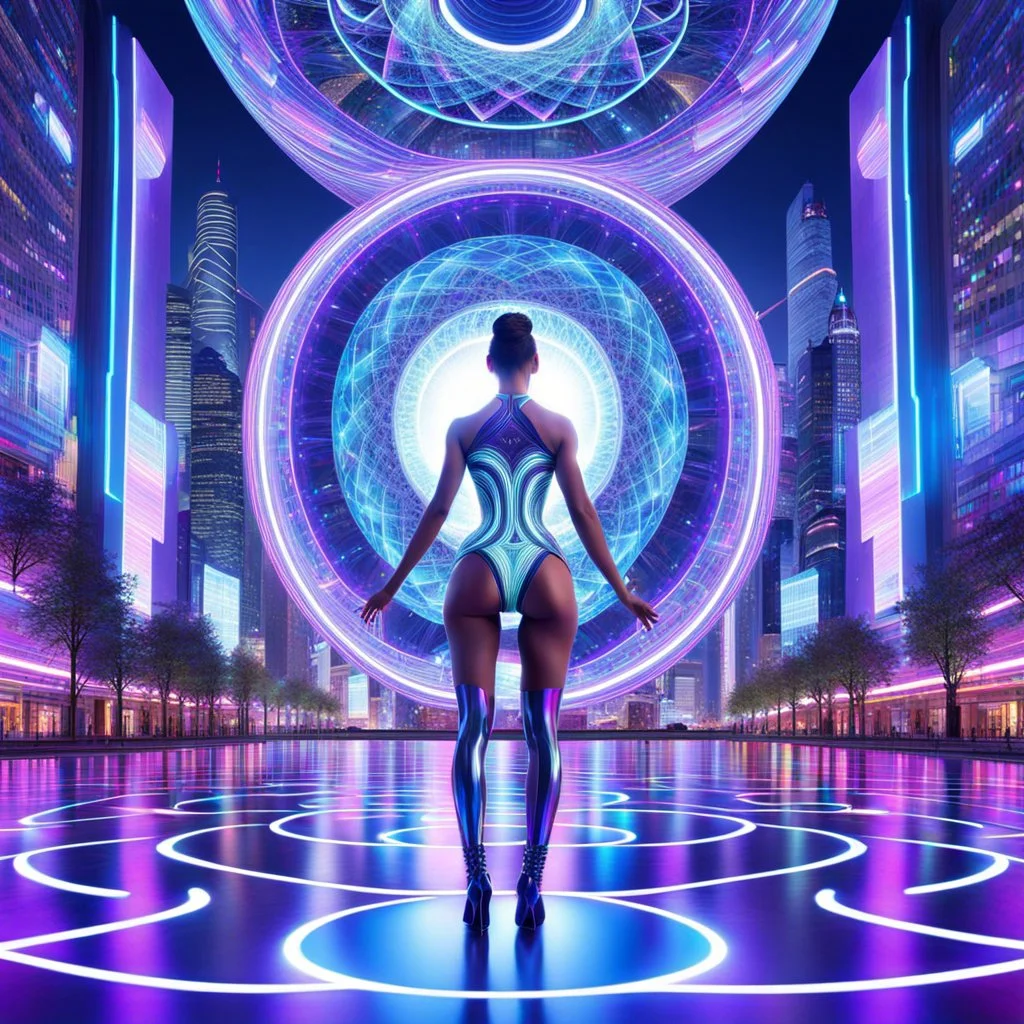 A mesmerizing, 3D, fractal recursive artwork of dancer girls wearing sleek, futuristic clothing. They move gracefully within a shimmering, magical cityscape, a swirling vortex of neon lights and holographic projections. The city appears to be an intricate, self-repeating fractal pattern, with impossible geometries and floating structures.