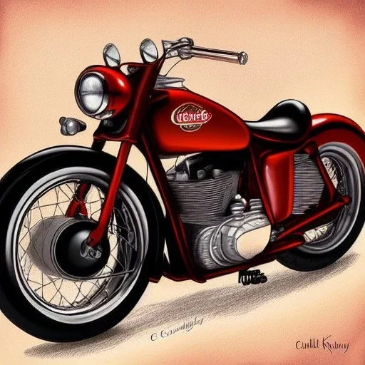 fullbody Drawing of 'Vintage classic style concept Motorcycle',three quarters view, retro design study, classic steel wheels, toned colors, art by cheryl kelley,16k