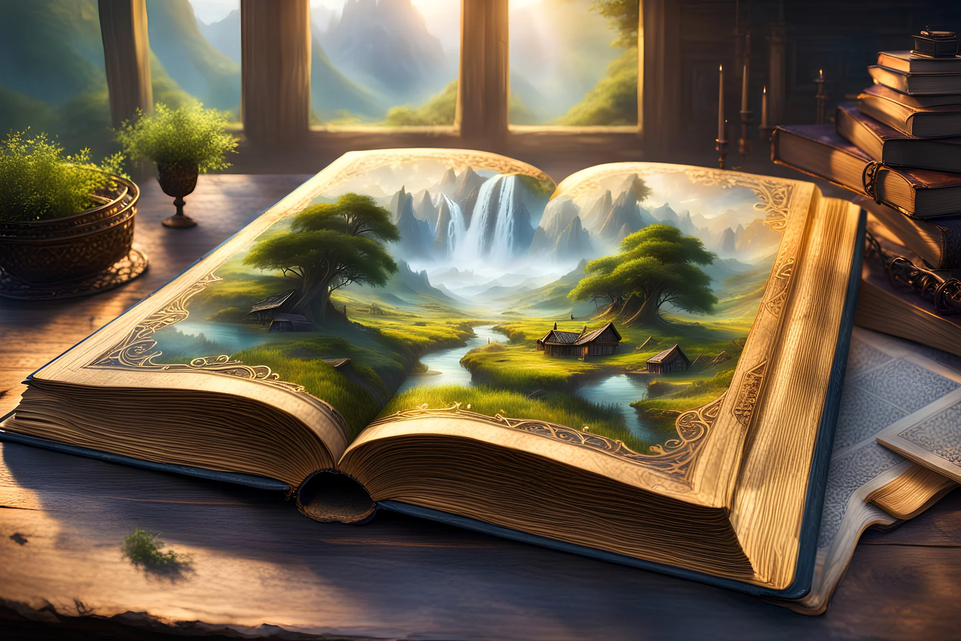 Centered, a beautiful old big book open on a wooden table, magical landscape pictures on the pages of the book rising up and coming to life, detailed painting, deep color, fantastical, complementary colors, fantasy concept art, 8k resolution trending on Artstation Unreal Engine 5 ethereal fantasy hyper detailed mist Thomas Kinkade