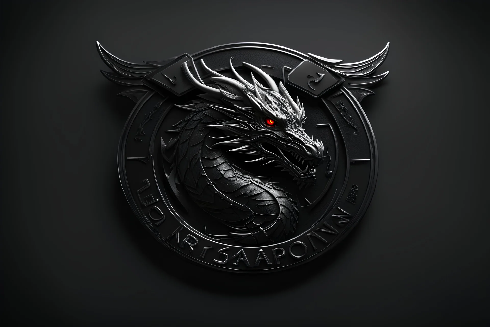 badge for uniform, secret organization named dragon, futuristic, hyperrealistic 16k, 3d rendering, black in black, dynamic light, black background, Kapital Letters DRAGON written below badge, neon lighting