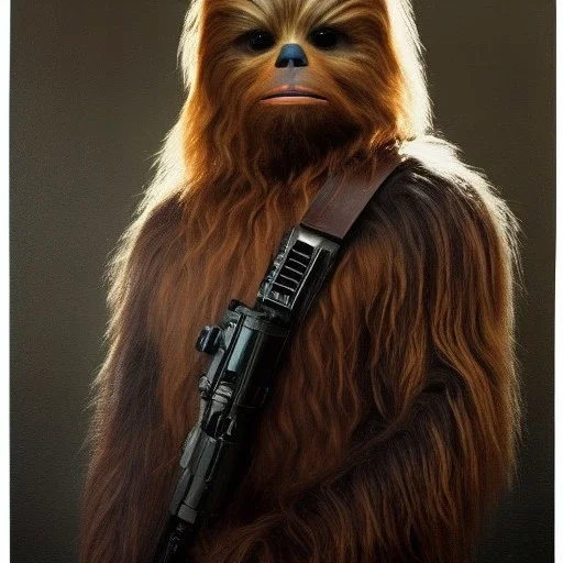 photorealistic and intricate portrait of chewbacca in star wars by Alyssa Monks, wearing beskar armor, deep dark colors, hyperdetailed, 32K, oil on canvas,