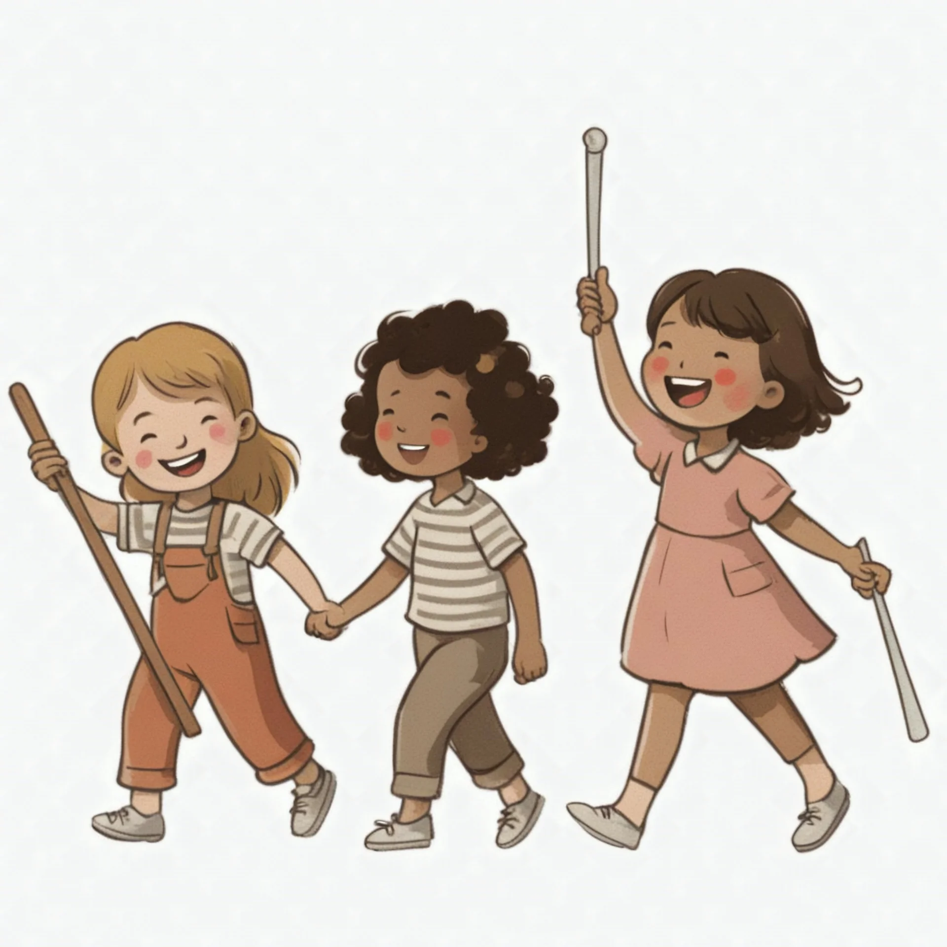 children joyfully walking. Left most child is carrying a parade leader's staff wrapped in ribbon. Right most child is holding batons. improve quality but maintain style.