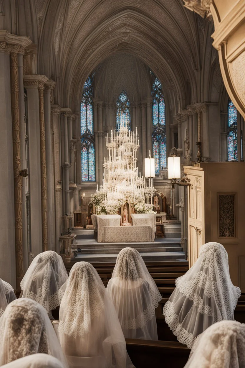 7 sisters wearing lace veil praying in church.cinematic