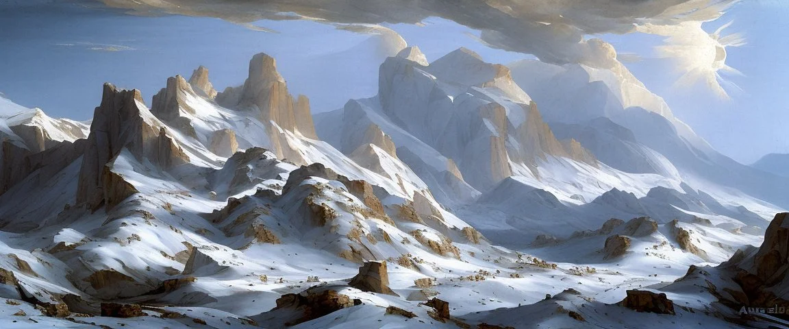 epic mountains in snow by Andrea del sarto