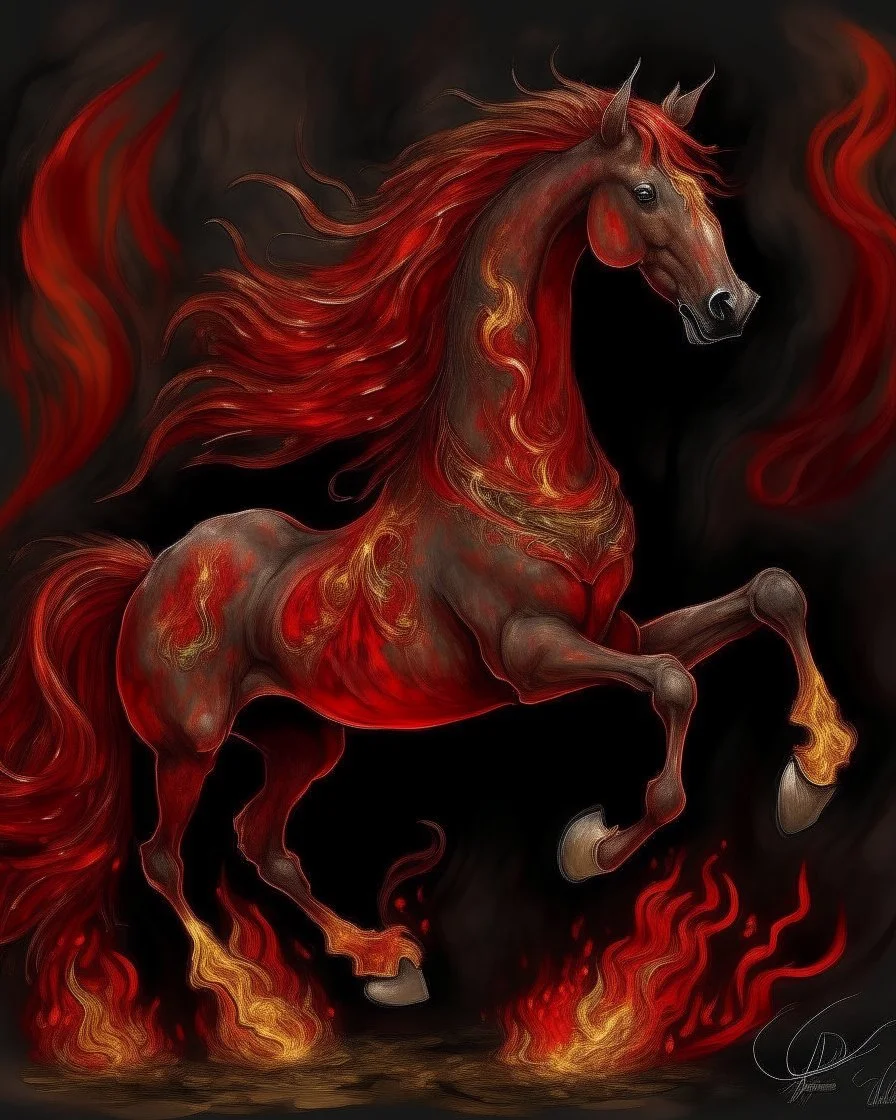 A dark red fire elemental horse designed in Heidrun manuscripts painted by Claude Monet