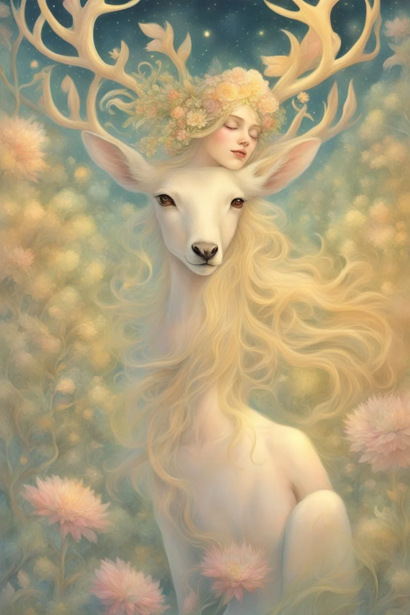 [laughing sexy faerie with a deer] As psychedelic Fiona, I feel myself drifting soft through billowing blooms of visual aid and aural ether. My slender form shimmers in gossamer raiment woven from sunshine, moonglow, and forest spirit; petal-soft hooves leave nary a print upon the stars I seem to walk. Beside me strides my Deery in dignity, his noble visage crowned with antlered emerald and bronze. Around us the glade pulses with bioluminescent being; the night is alive with pulse and song.