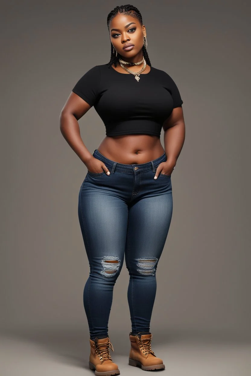 Create a digital image of a curvy black female wearing tight cut up jeans and a black tshirt with timberland boots. Prominent make up with hazel eyes. Highly detail two cornrows going down her head.