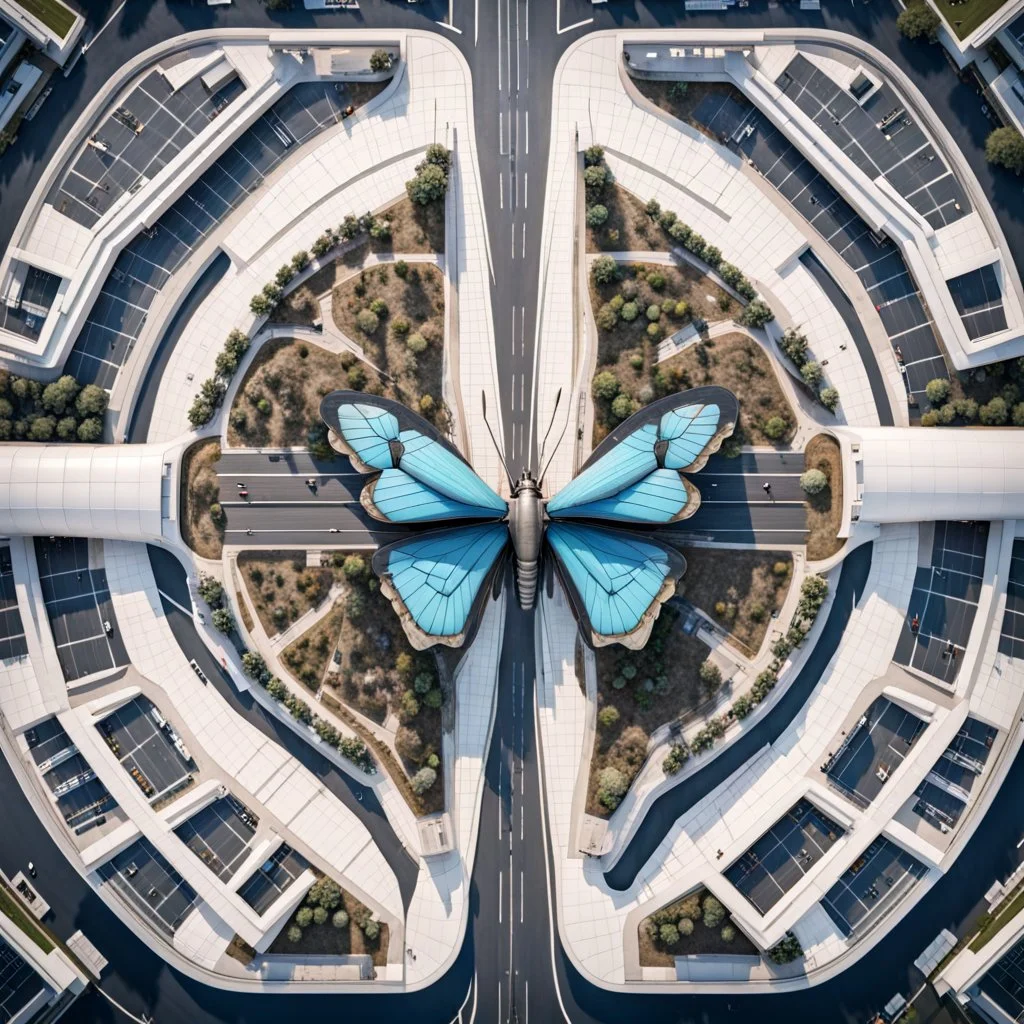 Vista aérea simétrica de un aeropuerto en forma de mariposa, espectacular, impactante, calidad ultra, maximalista, 8k 3D