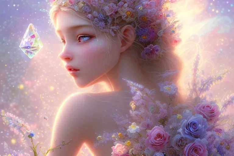 one very little beautiful fairy on a big crystal subtle flower in a galactic ambiance, transparent petals, delicate colors, in the foreground, full of details, smooth, bright sunshine，soft light atmosphere, light effect，vaporwave colorful, concept art, smooth, extremely sharp detail, finely tuned detail, ultra high definition, 8 k, unreal engine 5, ultra sharp focus