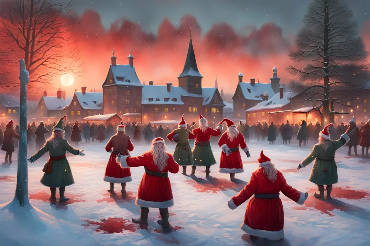 Santa Claus and his elves dancing on a square in Stockholm with Hundreds of People from Sweden in traditional folk costumes, decapitated heads on ground with blood from Stockholms blood bath incident, Snowy weather, The town Stockholm in background, Christmas spruce trees with glowing swastikas hanging, Sunset view of the park Skansen, Simon Stålenhag paint style,