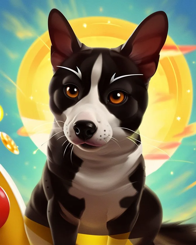 The pet has a black head with a yellow dot and rides on top of a rocket flying in the sky