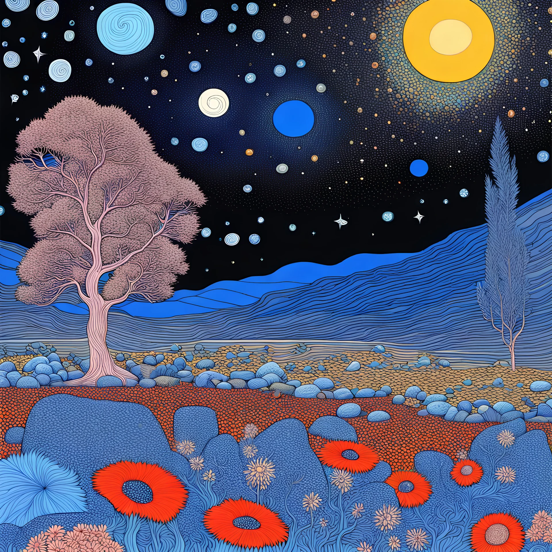 Colourful, peaceful, Max Ernst, Vincent Ban Gogh, night sky filled with galaxies and stars, rocks, trees, flowers, one-line drawing, sharp focus, 8k, deep 3d field, intricate, ornate