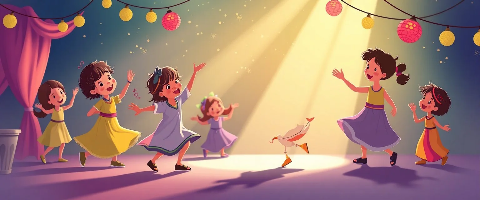 illustration of preschool children playing and dancing. fantastic lighting, chaabi children's book proportions