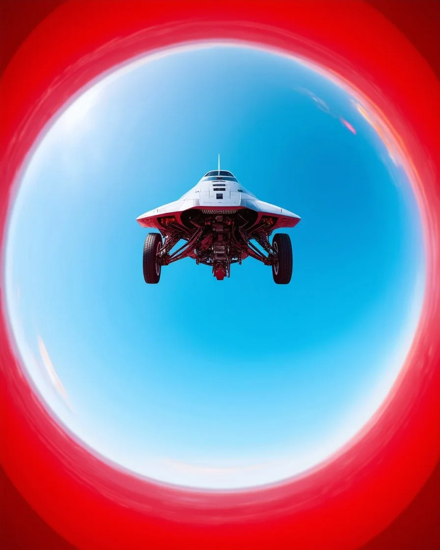 low view angle shot down from upper left front and showing the full vehicle, a RETROFUTURISTIC HOVERING CRAFT OF ALIEN ORIGIN, large close up a beautiful look up modern is decorated with red abstract, all red background, fisheye lense, vray, raytracing