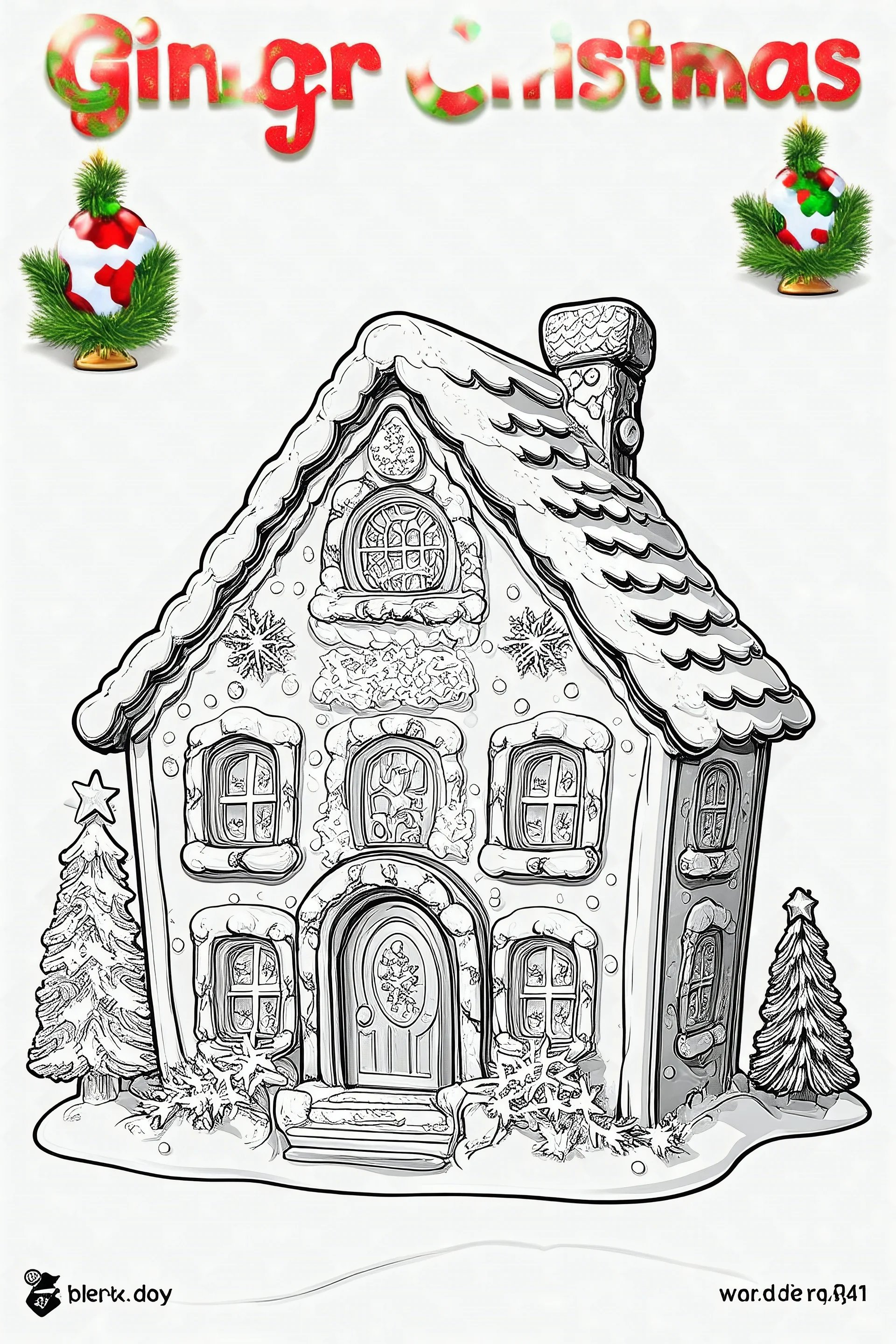 coloring page christmas style, realistic, ginger bread house, black and white