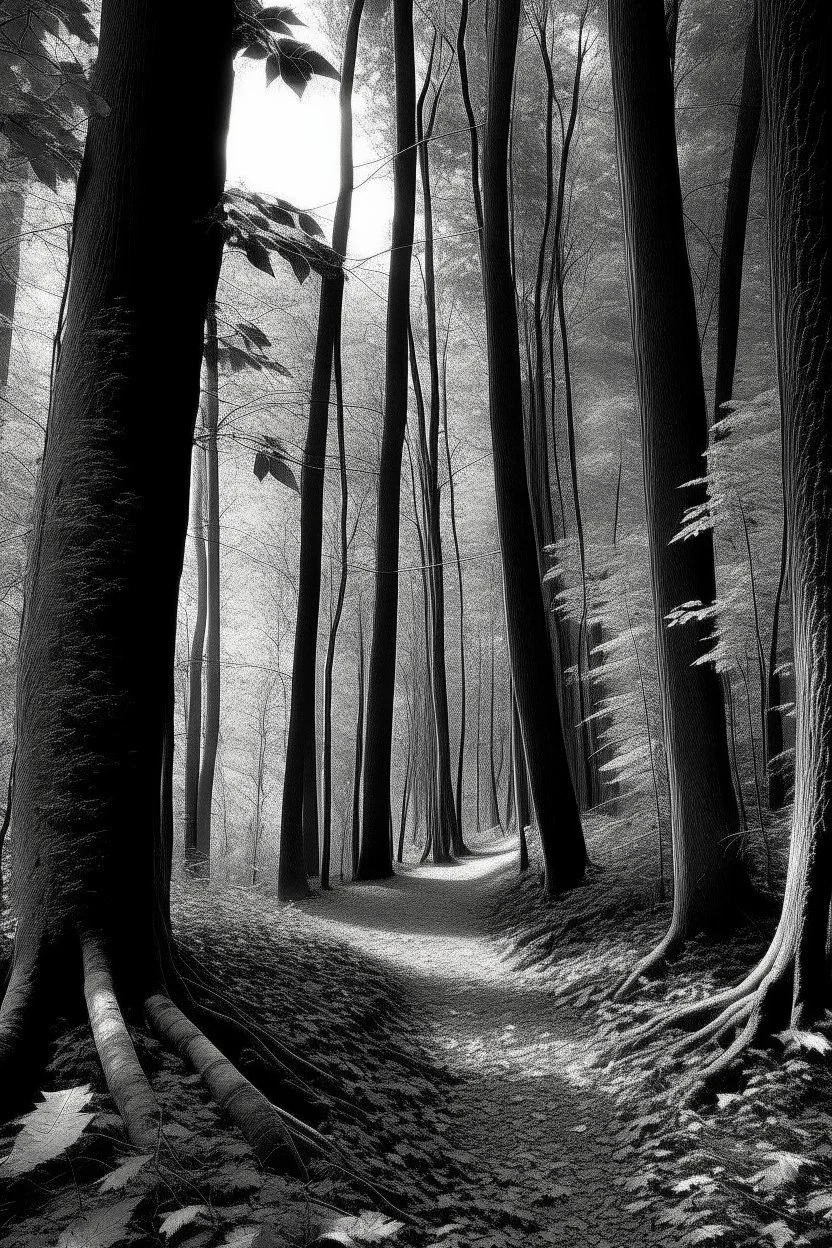 Autumn forest path in the style of Ansel Adams