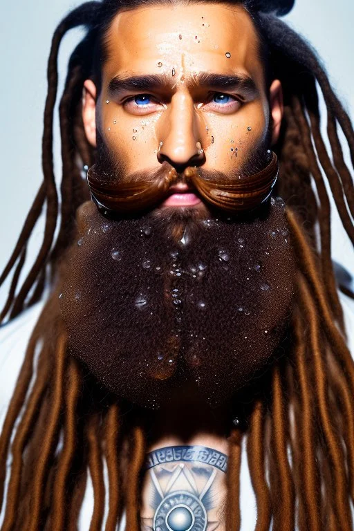 close up photography, top view, 35mm lens, burly muscular gipsy 38 years old dreadlocks, bearded , falling milk, lot of dripping milk in the face, wet of milk, milk splashing, big drop of milk, lot of milk dripping in the face, dripping milk on the beard, tattoo, closed eyes, manly chest, Canon EOS, lens 35mm, natural lights, 8K, sunlight, photorealistic, 8k