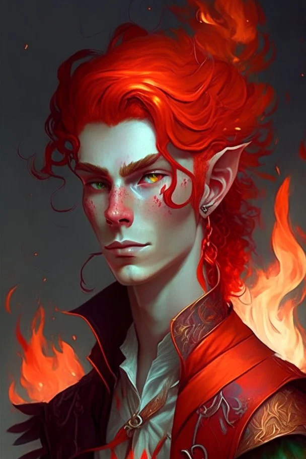 A teenage half-elf man, his hair is like red flame, flirtatious, fancy clothing