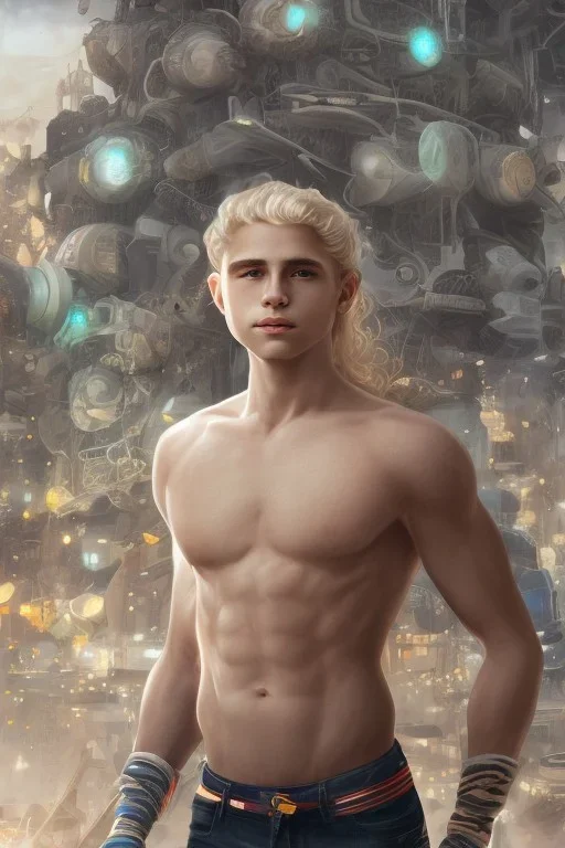 full body image of a beautiful 12 year old arabic boy with long, blonde curly hair and light blue eyes, smiling, shirtless, in front of a distant dystopian city