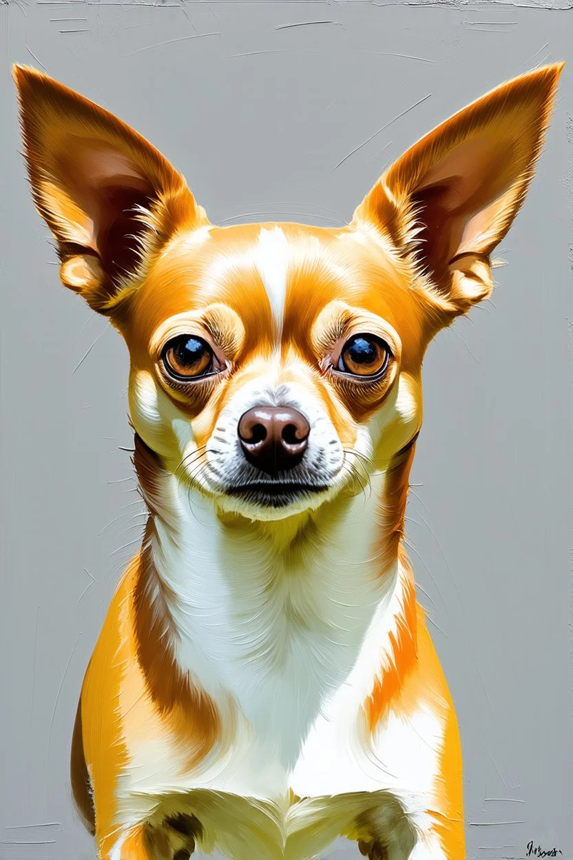 This image is a striking painting of a chihuahua The dog is facing forward with a slightly tilted head, giving it a curious and endearing expression. Its fur is rendered with expressive, textured impasto brushstrokes in earthy tones—creamy whites, browns, and hints of gray—that create a sense of depth and movement. The background is a soft, muted gray, which contrasts beautifully with the warm tones of the dog and helps it stand out as the focal point. The overall style blends realism with impre