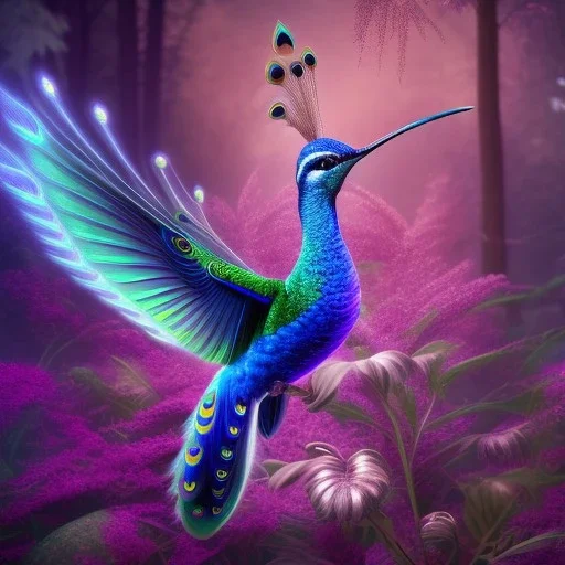 peacock, humming bird, fantasy art, Unreal Engine 5, lens macro,sharp focus, realistic, hyper detailed, studio lighting, neon light ambient, crystalized