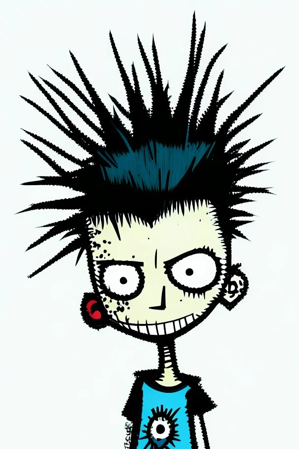 2d drawing of a stickman, cool with punk hair, x eyes like in hangman, slight smile, showing piece sign ,3d realistic in colour