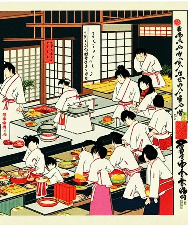 Escena Cocina japonesa llena de personas comiendo