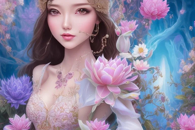 only one pretty asiatique girl just before a magical crystal flower lotus magnolia lys bougainvillier, blue gold house indian palace castle in the woods, magnolias pink,blue lake,sun,white swanns,pink vertical, blue lake,sharp, vines, candlelit, endor, ornate, elegant, highly detailed, artstation, concept art, smooth, sharp focus, illustration, 8k, splash art, wallpaper, key visual