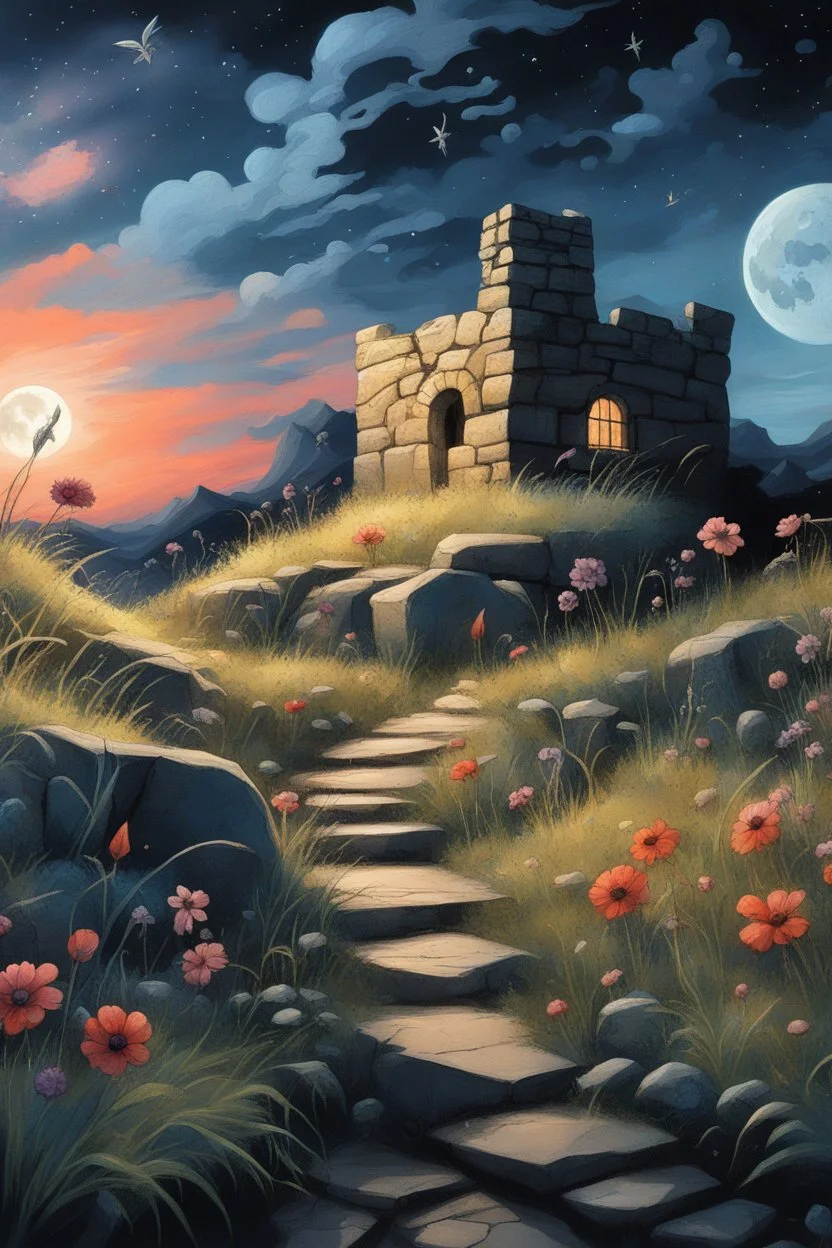 A close-up image of a rough stone wall with overgrown grasses, weeds, and vibrant flowers, featuring whimsical and surreal art, dark fantasy themes, dramatic lighting effects, intricate details, dreamy landscapes, gothic aesthetics, an ethereal atmosphere, and magical scenes with a moonlit sky with stars and constellations, a faint glow emanating from the cracks in the wall, and fireflies dancing around the glowing cracks.